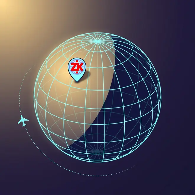 A wireframe globe with day and night hemispheres and the ZK pin