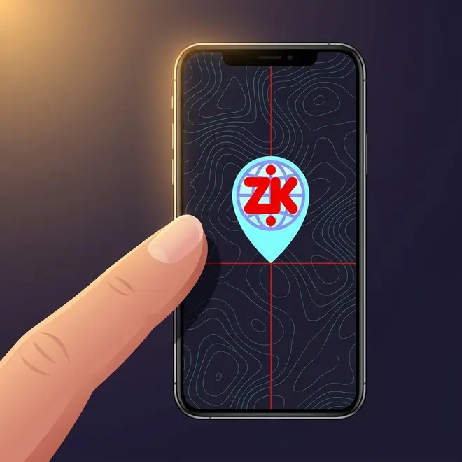 A fingertip aiming at a red crosshair and the ZK pin on a phone map