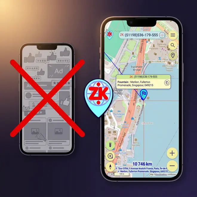 A cluttered ad-filled phone crossed out, next to a clean map phone