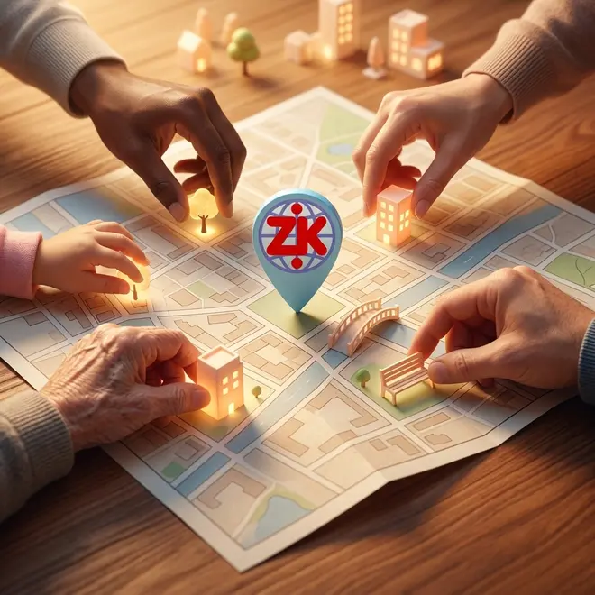 Many hands building a map together around the ZK pin